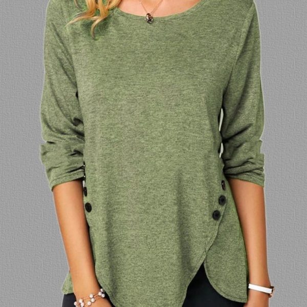 Irregular Button Hem Long Sleeved Round Neck Oversized T-shirt — Green