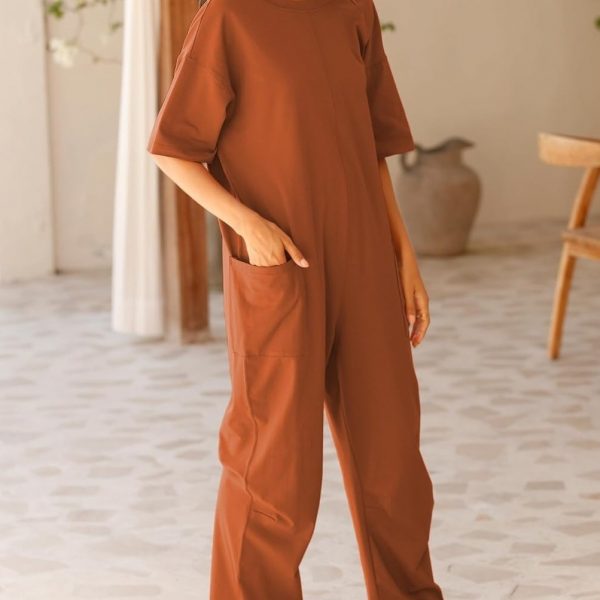Women's Stretch V-neck Jumpsuit With Pockets — Brown