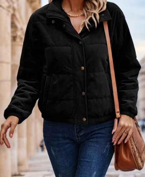 Zip Up Snap Button Padded Padded Coat Clothes Winter — Black
