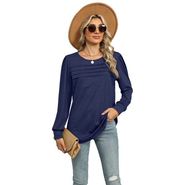 Solid Color U-neck Pleated Long-sleeved T-shirt Top For Women — Navy Blue