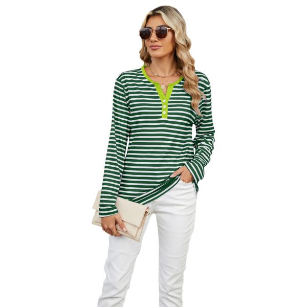 Women's V-neck Striped Loose Long-sleeved T-shirt Top — Green Stripes