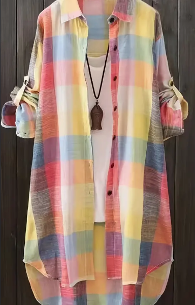 Plus Size Plaid Print Casual Collared Long Sleeve Shirt, Women's Buttons Shirt — Mixed Color