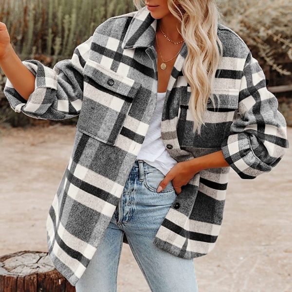 Plaid Button Flannel Woolen Shirt — Black And White Plaid