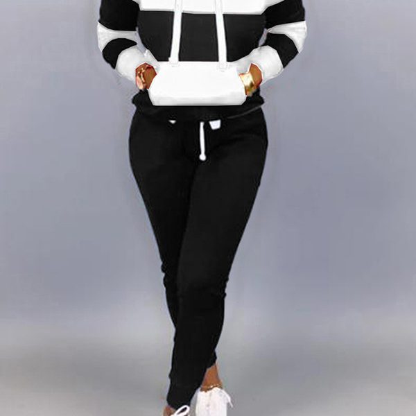 Women's Clothing Sweater Stitching Hooded Casual Sports Suit — Black And White