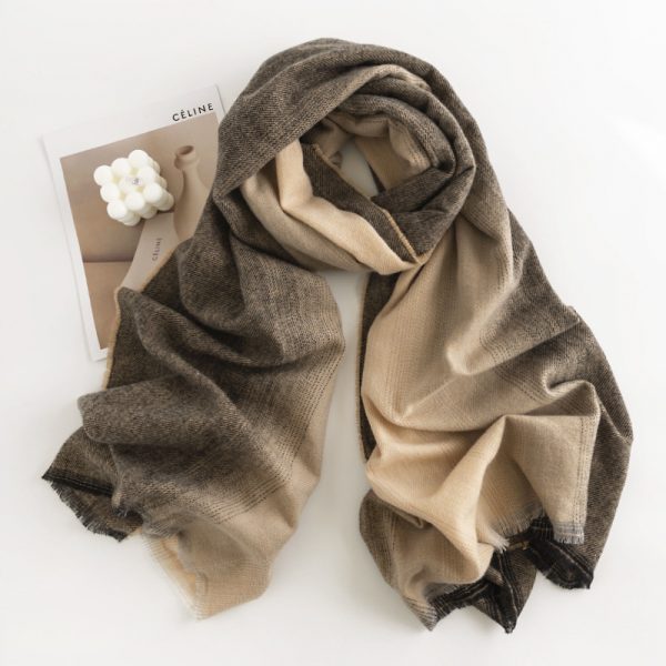 Herringbone Pattern Monochrome Artificial Cashmere Scarf Women's Simple Casual Style Tassel Warm Shawl — FH2350841 Gradient Brown