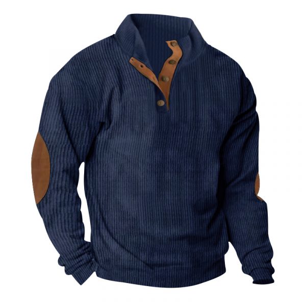 Corduroy Casual Stand Collar Long-sleeved Sweater — Navy Blue