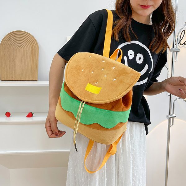 Cute Hamburger Plush Backpack Soft Cartoon Burger Plush Coin Purse Girls Kindergarten School Bookbag Children Kids Pack — Large Size
