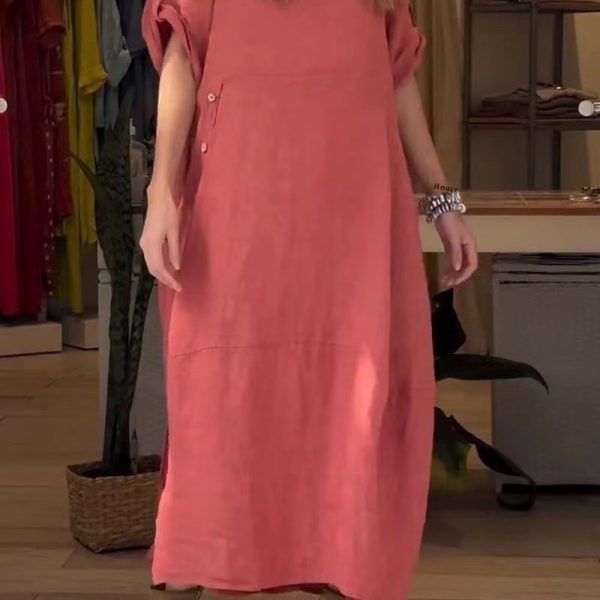 Loose Casual Solid Color Short Sleeve Cotton And Linen Dress — Brick Red