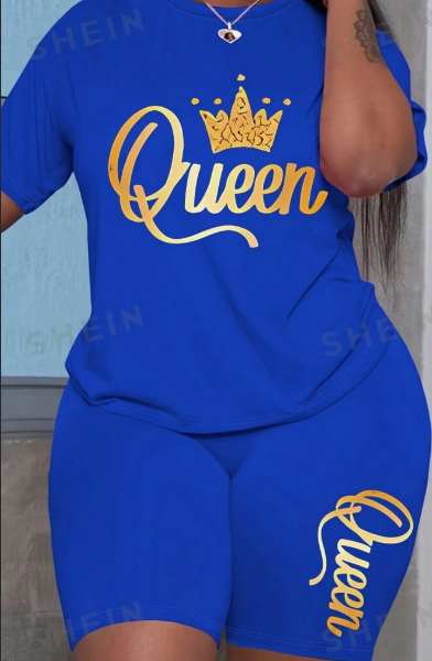 Crown & Letter Printed Short Sleeve T-Shirt And Shorts Casual Two-Piece Set For Summer — Blue