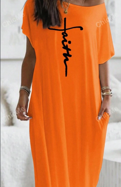 Letter Printed Super Loose Casual Maxi Dress — Orange