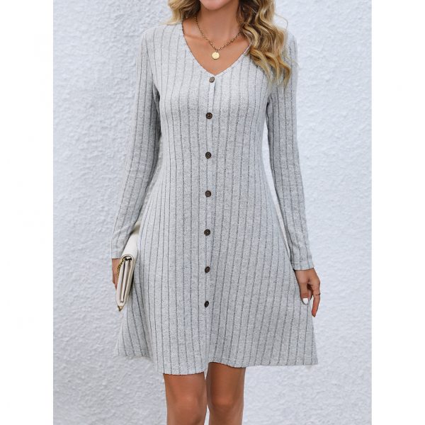 Women's Fashion Button Waist Long Sleeve Dress — Grey