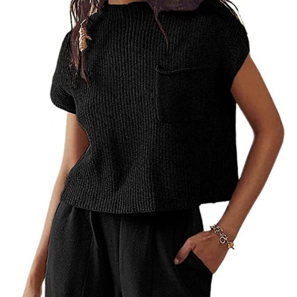 Women's Knitted Sleeveless Pocket Casual Rib Pullover Vest — Black