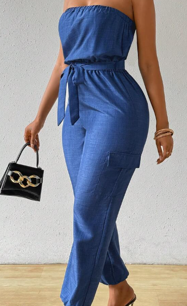 Women's Summer Casual Denim-Look Strapless Jumpsuit With Utility Design — Navy Blue