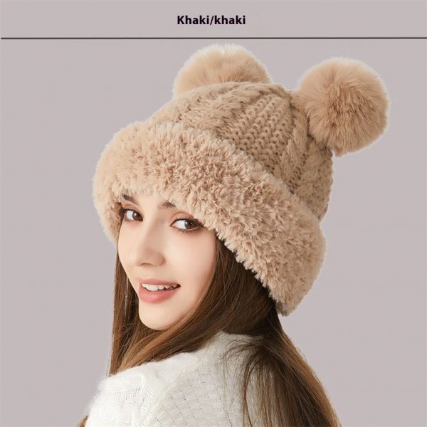 Winter Cute Fur Ball Knitted Hat Children Outdoor — Khaki