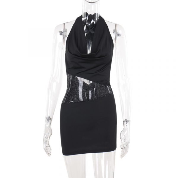 Sexy Slim Deep U-neck Dress With Sequin Mesh Patchwork Design Ins Fashion Halter Short Dresses Women's Clothing — Black