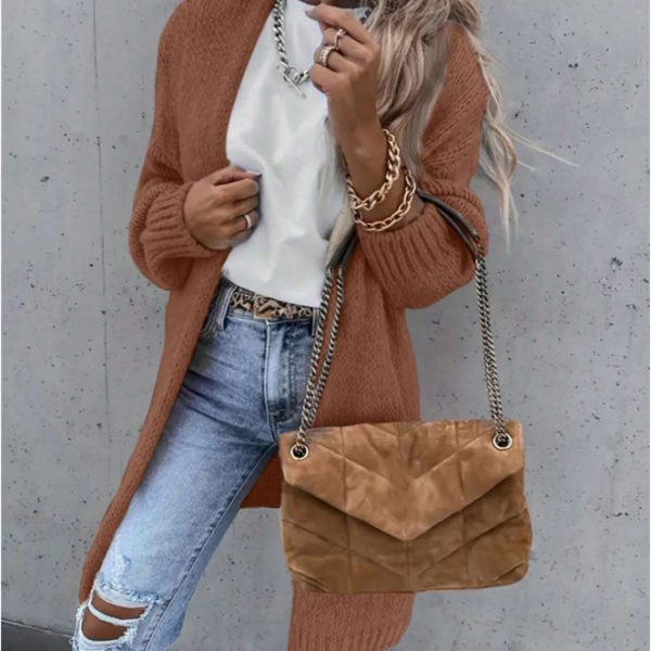 Women Solid Color Long Sleeve Casual Open Front Knit Cardigan — Brown