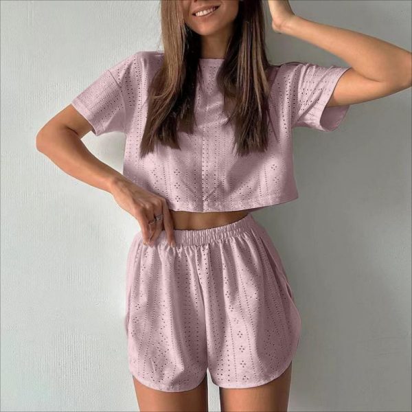 2pcs Casual Hollow Suit With Short-sleeved Crop Top And Elastic Slit Shorts Summer Fashion Sport Clothing For Women — Pink
