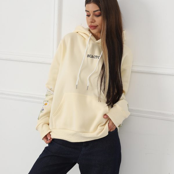 Women's Solid Color Floral Long Sleeved Sweatshirt — Apricot