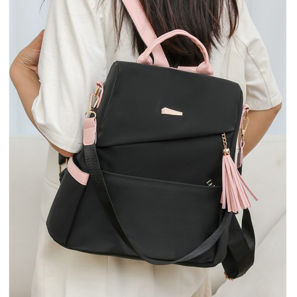 Oxford Cloth Stitching Women'S Backpack Anti-Theft Back Zipper Girls Schoolbag Casual Travel Double Shoulder Backpack — Black With Pink