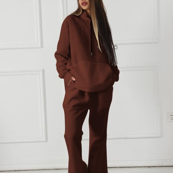 Women's Fashionable Casual Solid Color Long Sleeved Sweatshirt Set — Brown