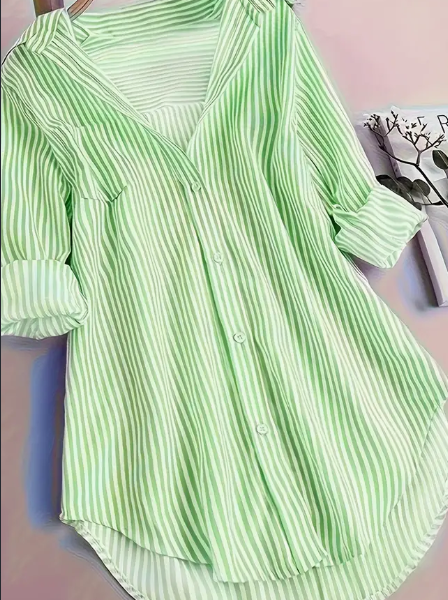 Stripe Print Button Front Blouse, Casual Long Sleeve Blouse For Spring & Fall, Women's Clothing — Light Green