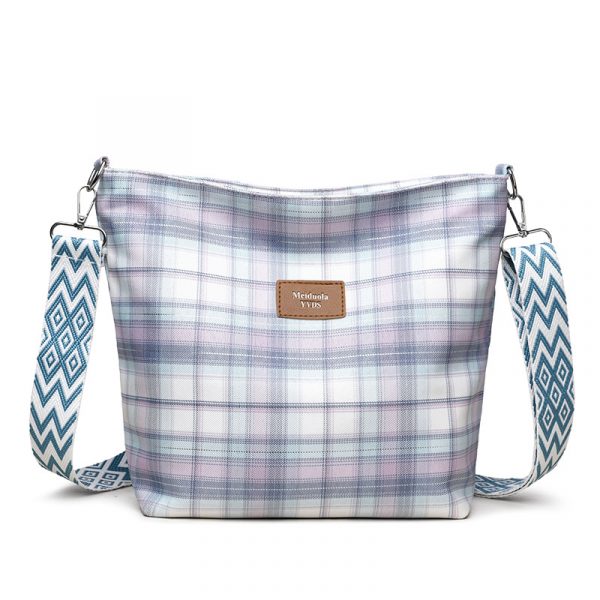 Large Capacity Contrast Color Check One-shoulder Versatile Commuter Messenger Bag — Light Blue