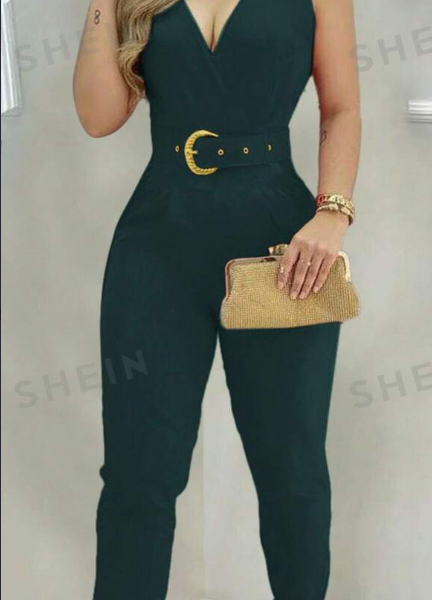 Women's Solid Color V-Neck Pleated Sleeveless Jumpsuit For Daily & Office Wear, Summer — Dark Green