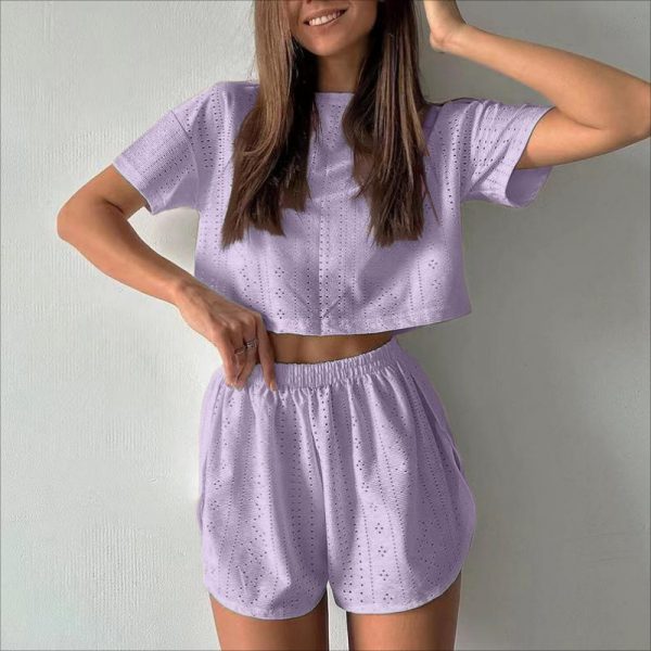 2pcs Casual Hollow Suit With Short-sleeved Crop Top And Elastic Slit Shorts Summer Fashion Sport Clothing For Women — Purple