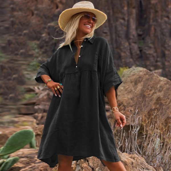 Holiday Leisure Button Artistic Style Dress — Black