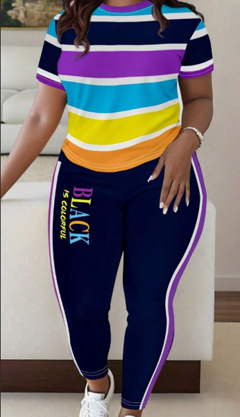 Women Fashionable Colorful Stripe Print T-Shirt And Pants Casual Set — Picture color