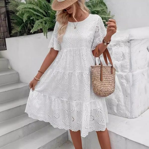 Casual Women's Embroidered Hollow Short Sleeve Round Neck Ruffle Sleeve Waist Dress — White