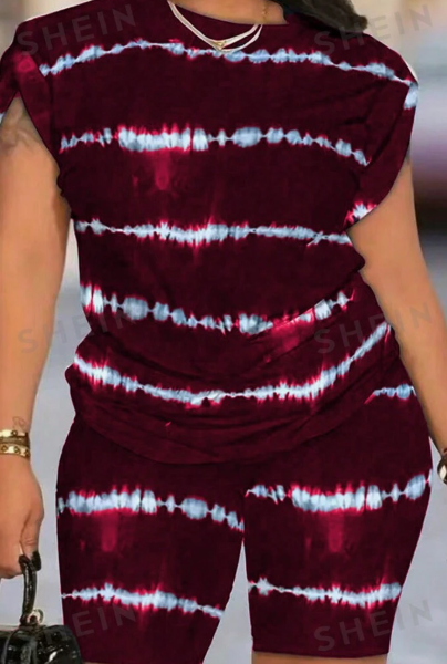 2pcs Set Striped Round Neck T-Shirt And Cycling Shorts — Burgundy