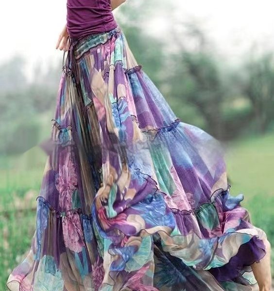 Printed Elastic Waist Slimming Large Hem Skirt — Color