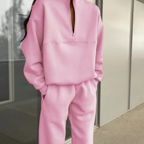 Long-sleeved Sports Sweatshirt Suit Fashion Stand-up Collar Zip-up Top And Elastic Band Trousers With Pocket Srping Fall Clothing For Women — Pink