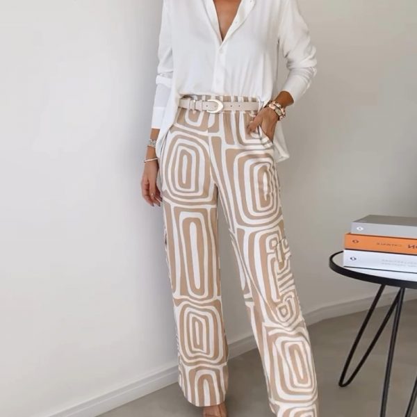 Women's Casual Long-sleeved Lapel Shirt Printed Wide-leg Pants Suit — Khaki