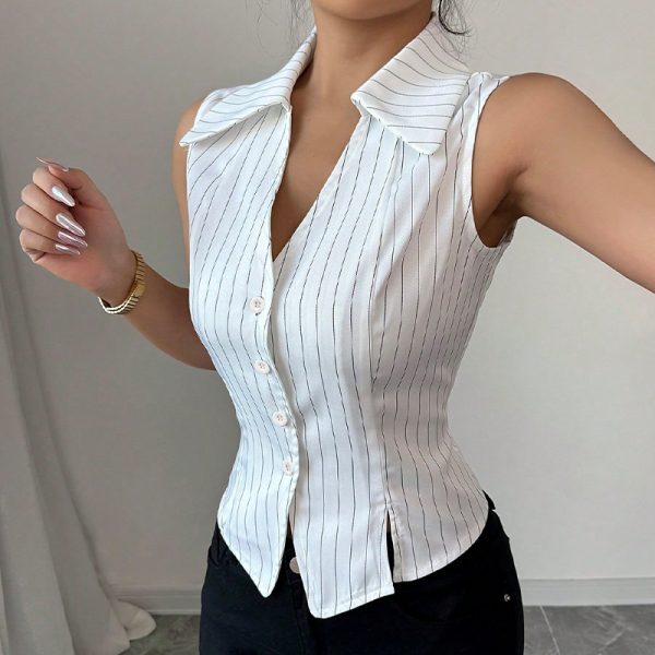 Summer European And American Temperament Striped Sleeveless Shirt — White