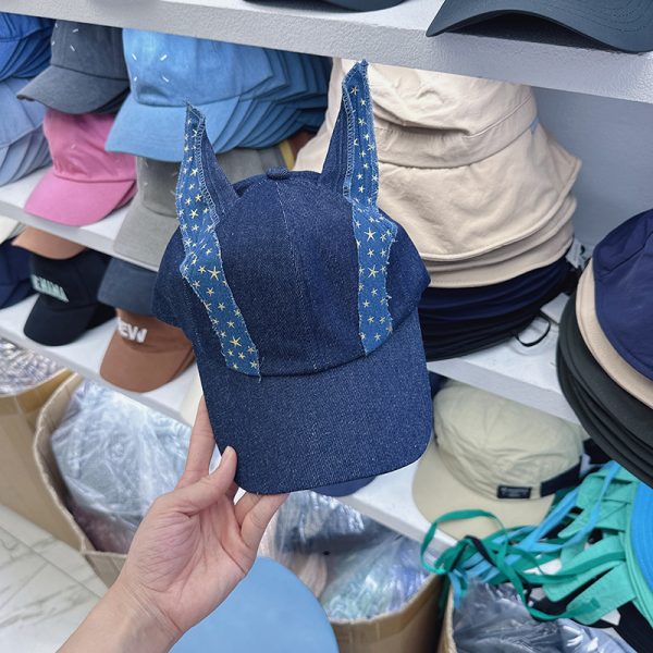 American Retro Denim Patch Ear Baseball Cap Waste Soil Style — Dark Blue
