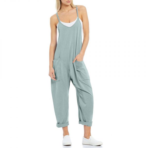 Women's Pocket Spaghetti Straps Knitted One-piece Trousers — L