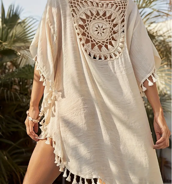 Women's Crochet Lace Tassel Beach Cover-Up Dress — Apricot