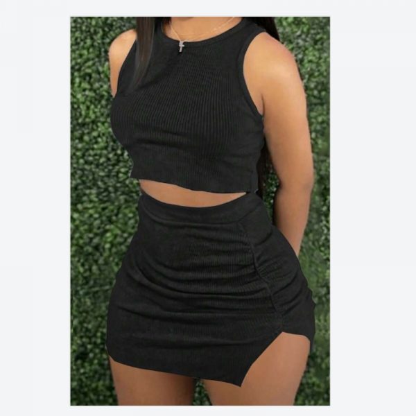 Ladies' Ribbed Crop Top And Bodycon Skirt Set — Black