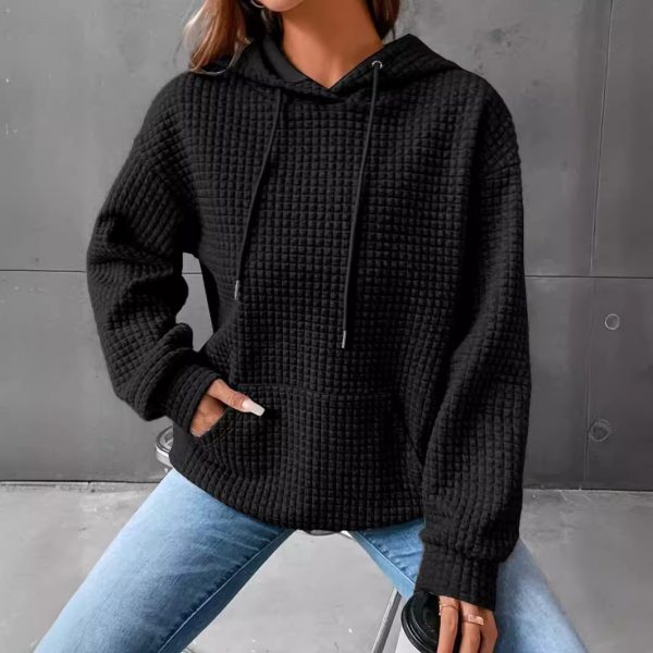 Small Plaid Pocket Long Sleeved Solid Color Top Hoodie — Black