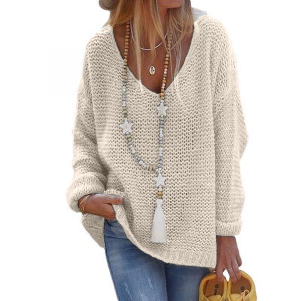 V-neck Long Sleeve Knit Top — Apricot