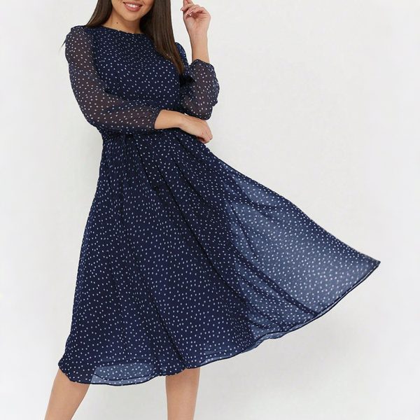 European And American Leisure Vacation Style Polka Dot Long Sleeve Maxi Dress — Dark Blue