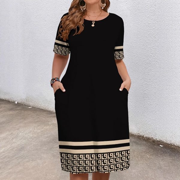 Comfortable Round Neck Fashion Elegant Contrast Color Short Sleeve Dress — Black Short Sleeved