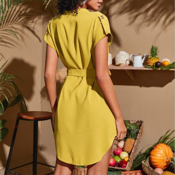 V-neck Short Sleeve Dress With Belt Summer Fashion Bowknot Dresses For Women Clothing — Ginger Yellow