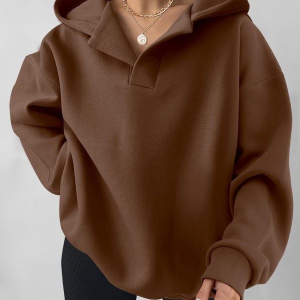 Women's Solid Color Hoodies Long Sleeve Hooded Solid Color Loose Sweater — Dark Brown