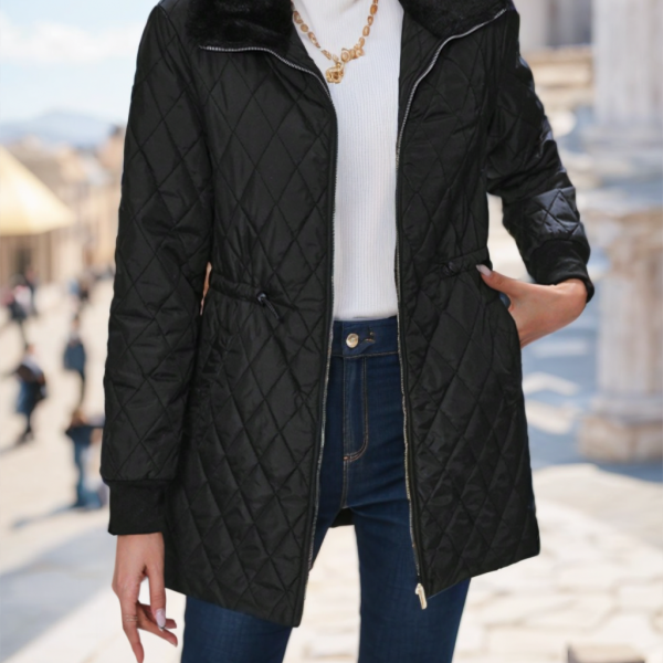 Casual Winter Clothes Contrast-Color Fur Collar Drawstring Waist Padded Padded Coat — Black