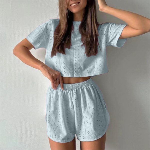 2pcs Casual Hollow Suit With Short-sleeved Crop Top And Elastic Slit Shorts Summer Fashion Sport Clothing For Women — Blue