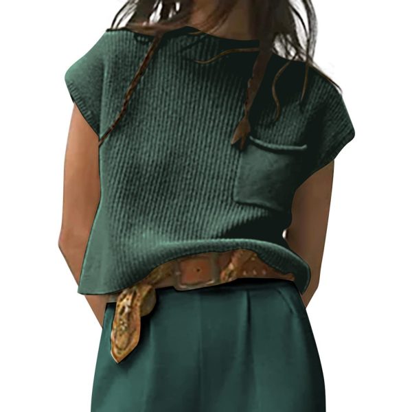 Women's Knitted Sleeveless Pocket Casual Rib Pullover Vest — Green