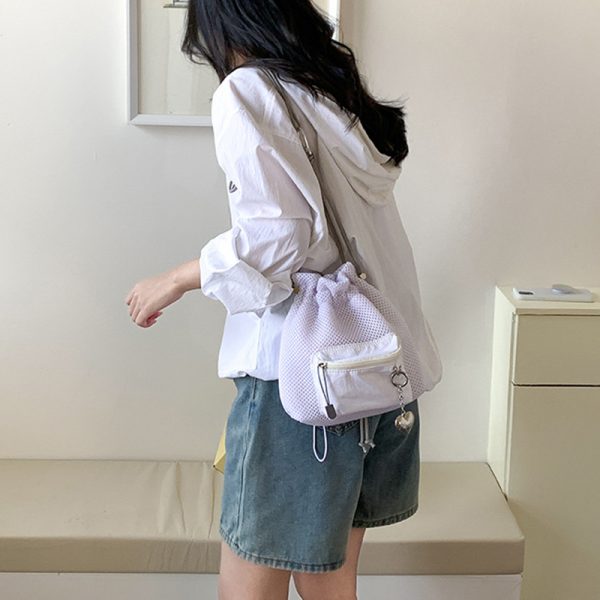 Small Mesh Drawstring Bucket Bag Fashion Cute Messenger Shoulder Bags For Women — Beige